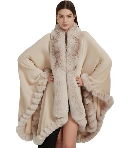 ACE SHOCK Women's Luxury Poncho Cape with Faux Rabbit Fur Trim